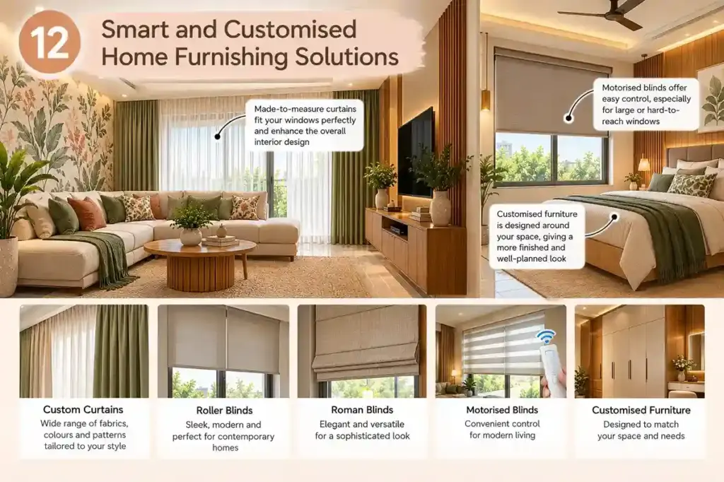 Custom home furnishing ideas featuring made-to-measure curtains, roller blinds, Roman blinds, motorised blinds and tailored furniture