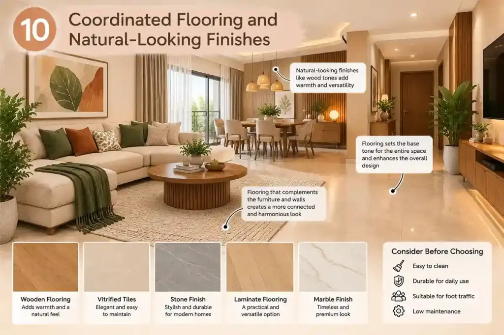 Modern interior design showcasing coordinated flooring, natural wood tones and flooring samples for different home styles