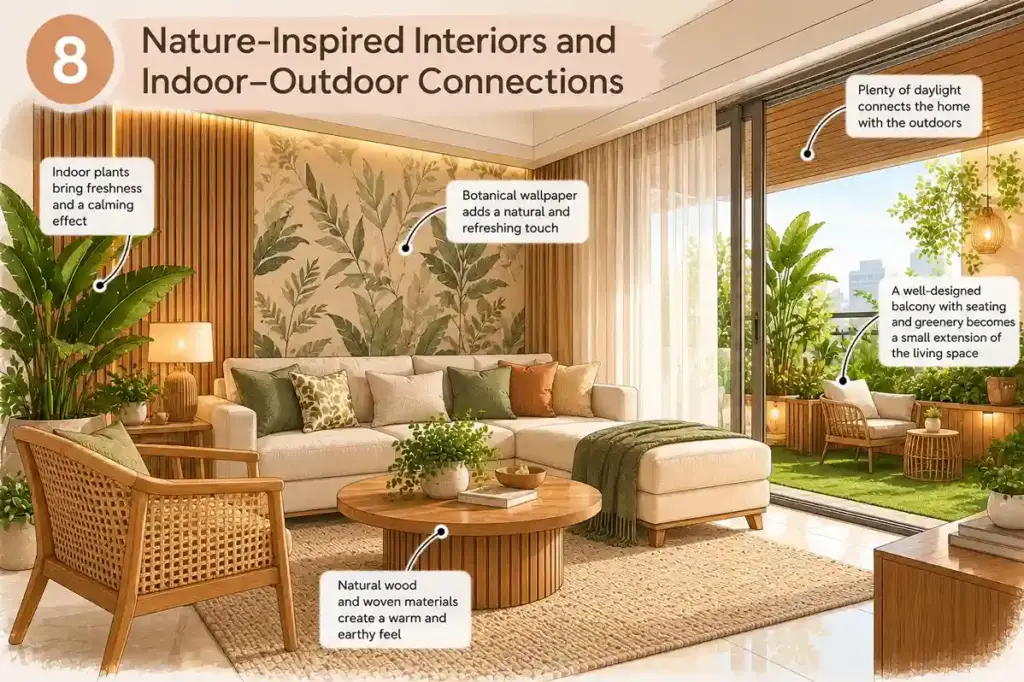 Nature-inspired living room with botanical wallpaper, indoor plants, natural wood furniture and a green balcony