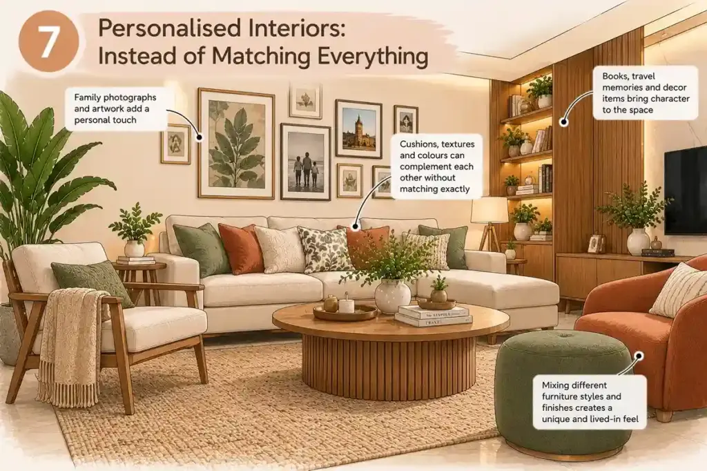 Personalised living room decor with family photographs, mixed furniture finishes, decorative books and complementary cushions