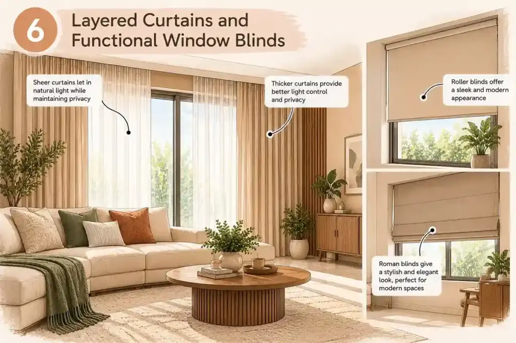 Modern window treatment ideas featuring sheer curtains, thick drapes, roller blinds and Roman blinds