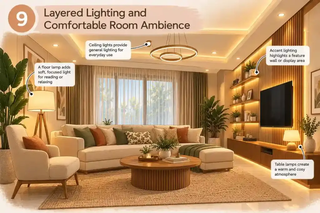 Layered living room lighting with recessed ceiling lights, a floor lamp, table lamps and illuminated display shelves
