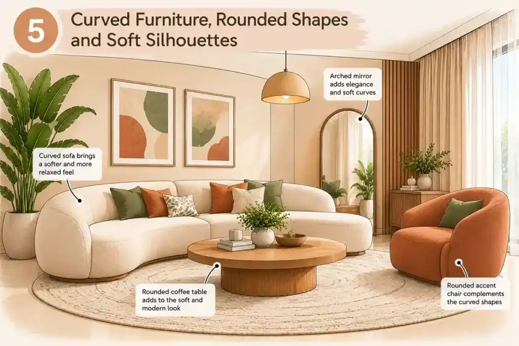 Modern living room with a curved sofa, rounded wooden coffee table, arched mirror and soft-edged accent chair