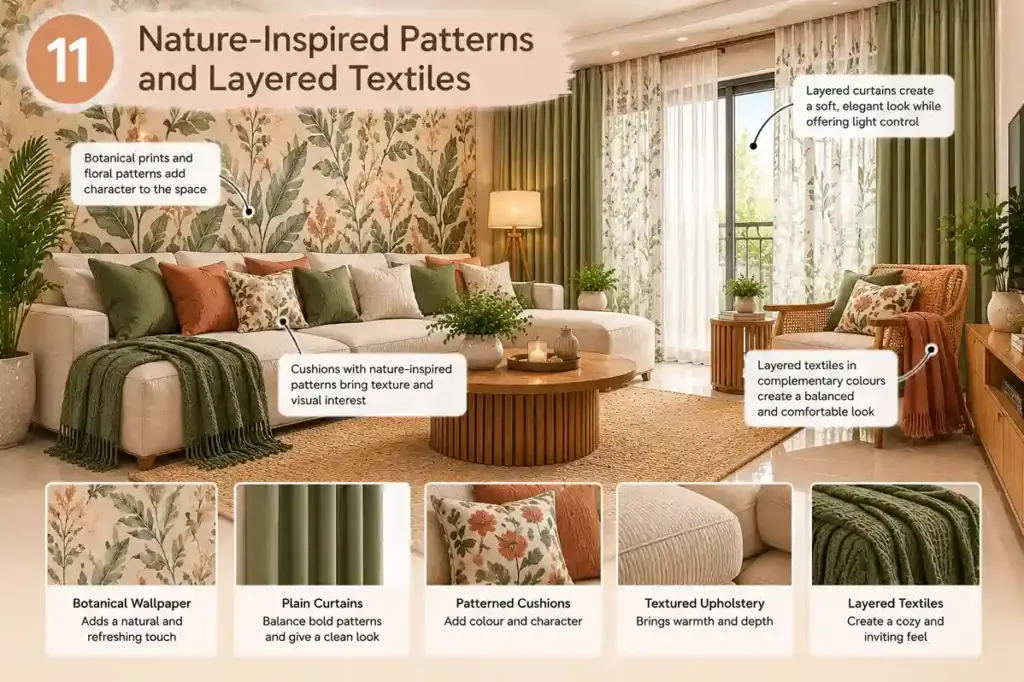 Nature-inspired interior featuring botanical wallpaper, patterned cushions, textured upholstery and layered curtains